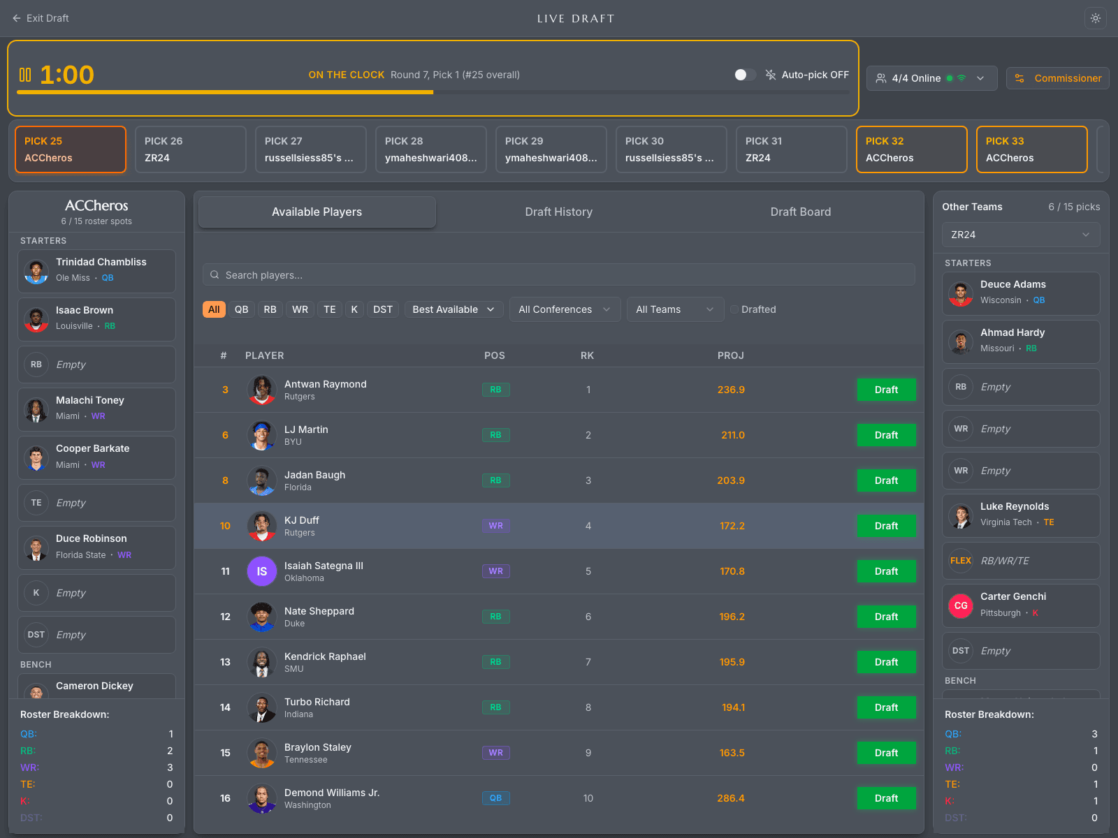 Live draft room — pick timer, snake draft order, your roster, and the best-available player board