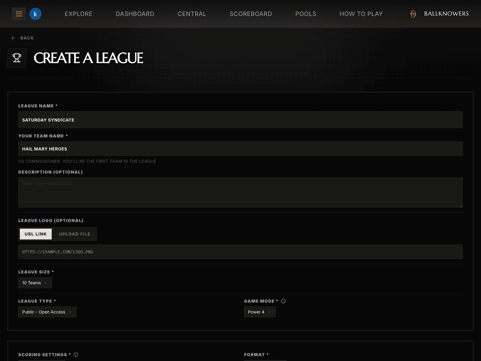 Creating a league on Ballknowers — league name, team name, size, type, and game mode settings