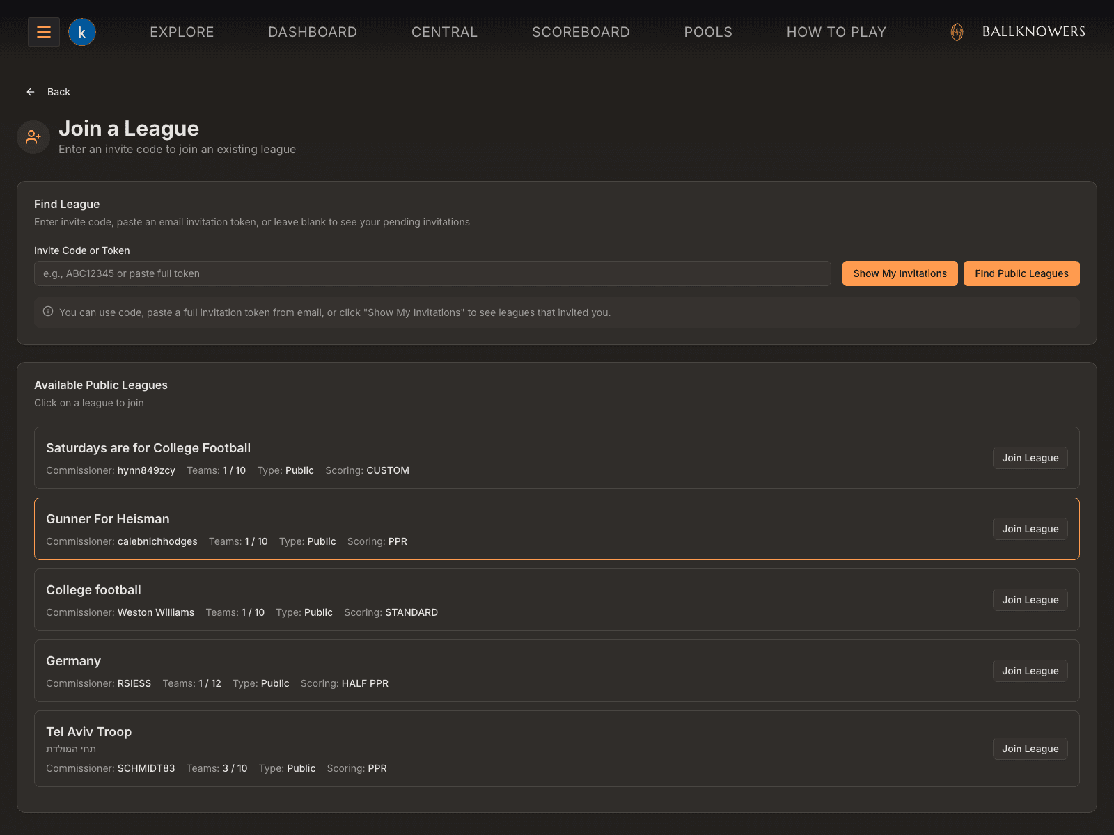 Joining a league — invite code entry and a list of available public leagues to join
