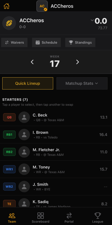Quick Lineup on mobile — tap a starter, tap another player to swap