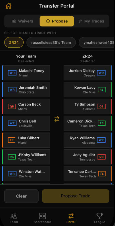 Trade proposal screen — pick players from both rosters and propose the deal